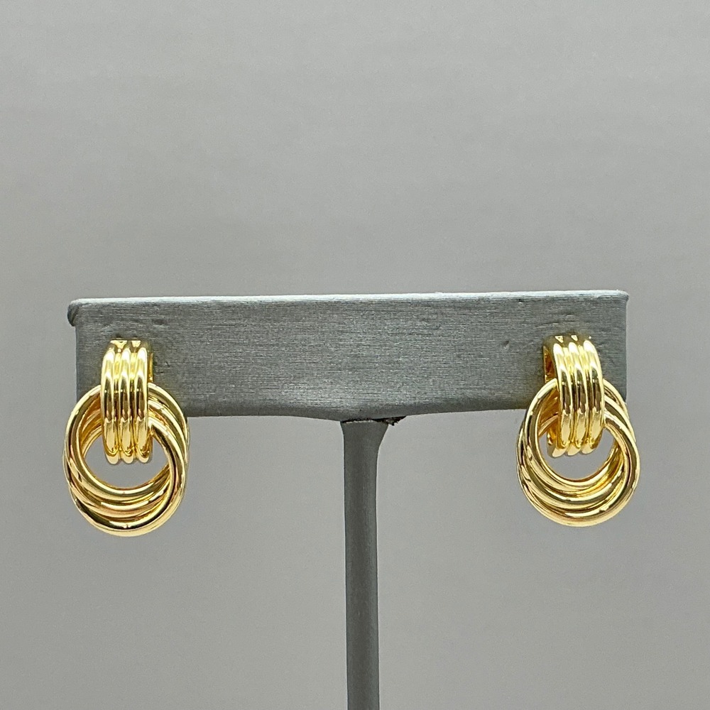 Triple Interlocking Hoop Earrings Women Gold Tone Ribbed High Polish Finish